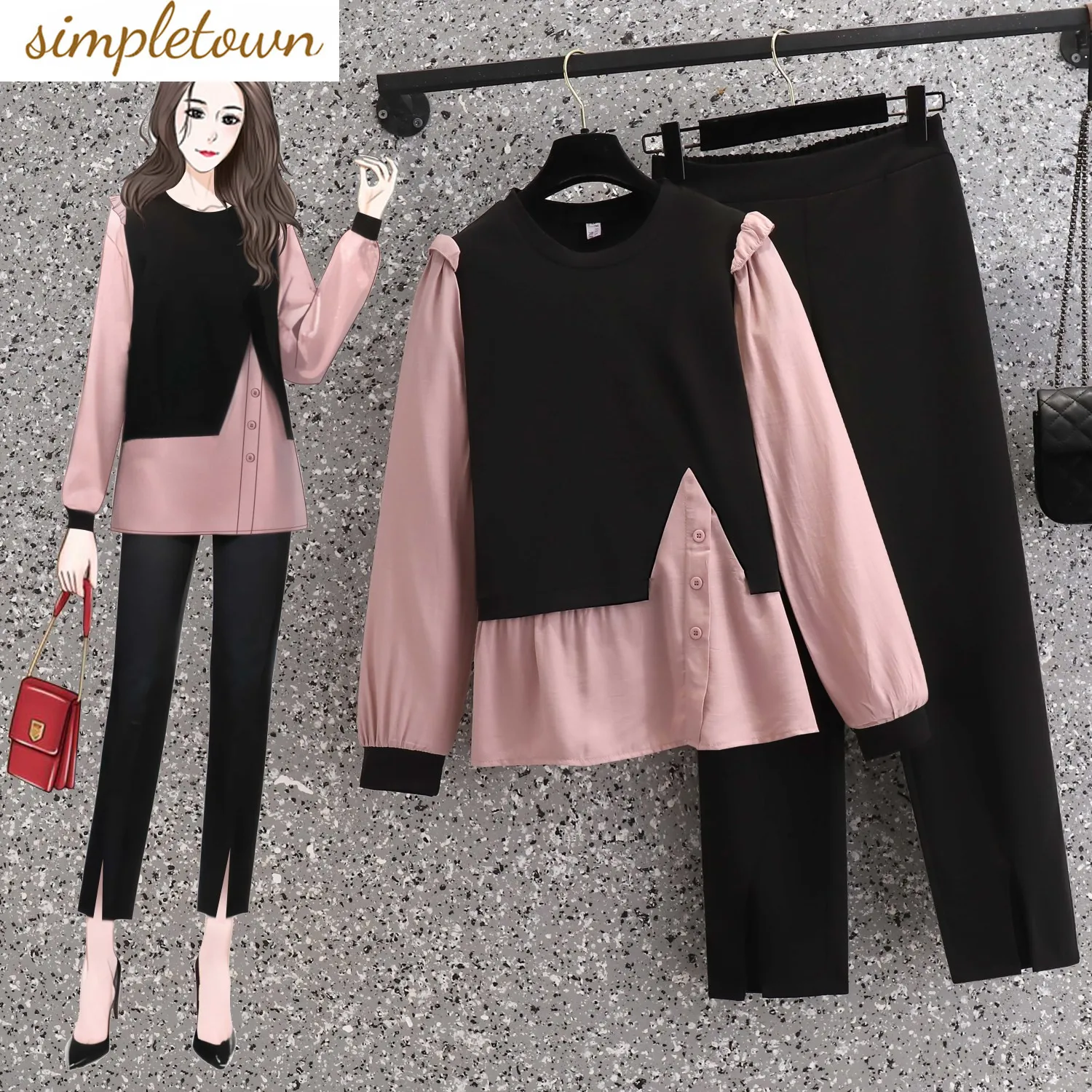 Asymmetric Splice Long Sleeve Chiffon Shirt Casual Pencil Pants Two Piece Elegant Women's Pants Set Summer Outfits