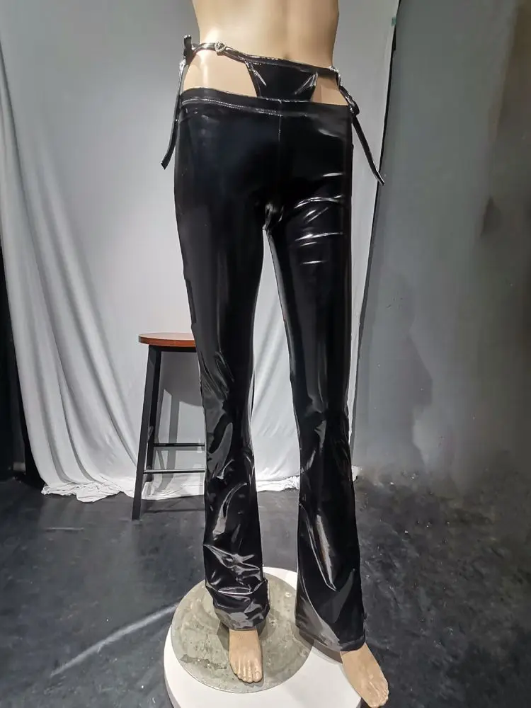 False Two Pieces Low Waist Wet Look PVC Flare Pants Shiny PU Leather  Trousers Hot Sexy Clubwear Tights Leggings Spodnie Pantalon