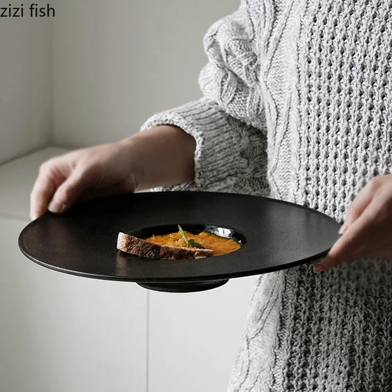 Black White Straw Hat Plate Ceramic Tableware Thick Soup Dish Dessert Dim Sum Dish Pasta Plate Serving Simple Tableware