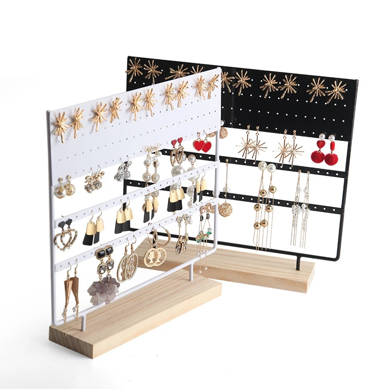 Metal Earring Organizer Removable Wooden Base Jewelry Display Rack Long Eardrops Storage Fram 3 Layers