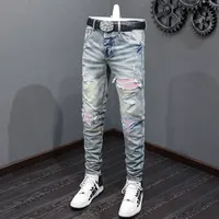 Street Fashion Men Jeans Retro Washed Blue Stretch Skinny Fit Ripped Jeans Men Pink Leather Patched Designer Hip Hop Brand Pants 2