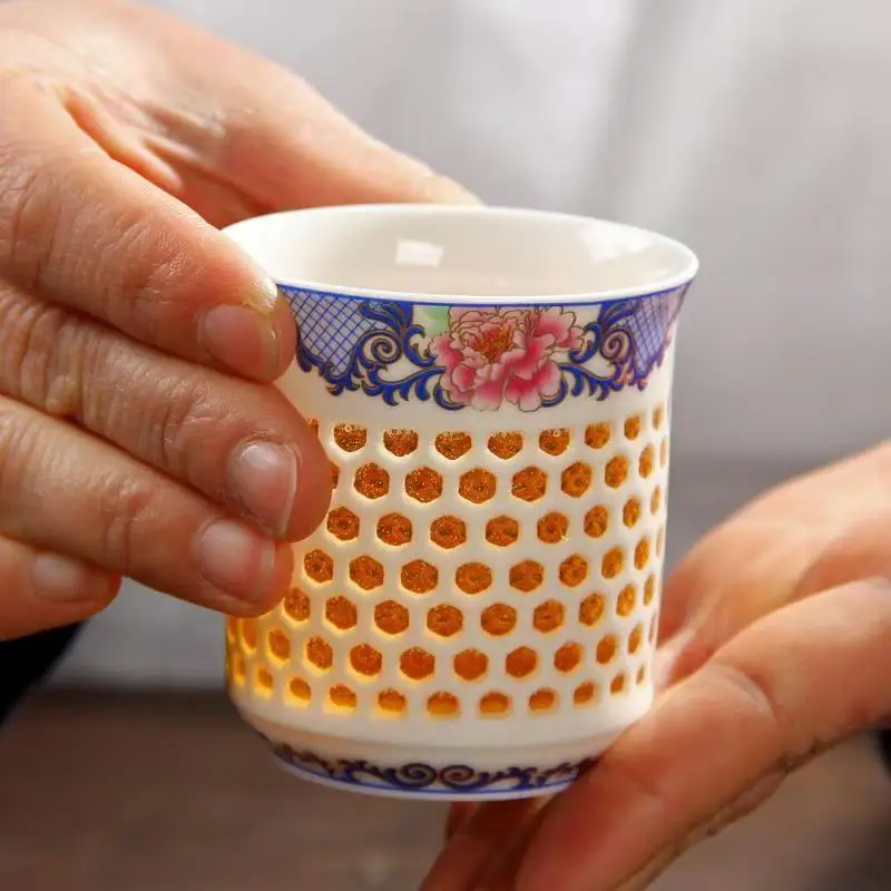 Tea Cup Glass Tea Set Crystal Hollow Tea Cup White Ceramic Teaware Blue Porcelain Teacup Kung Fu Tea Set Gifts Drinkware Water Cup Puer Bowl