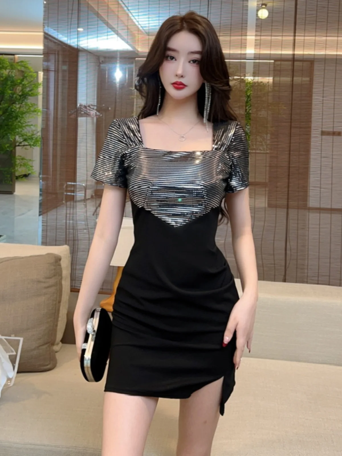 

Женское платье для ночного клуба Harajpoo, сексуальное французское облегающее платье контрастных цветов с блестками, подчеркивающее талию, обтягивающее ягодицы