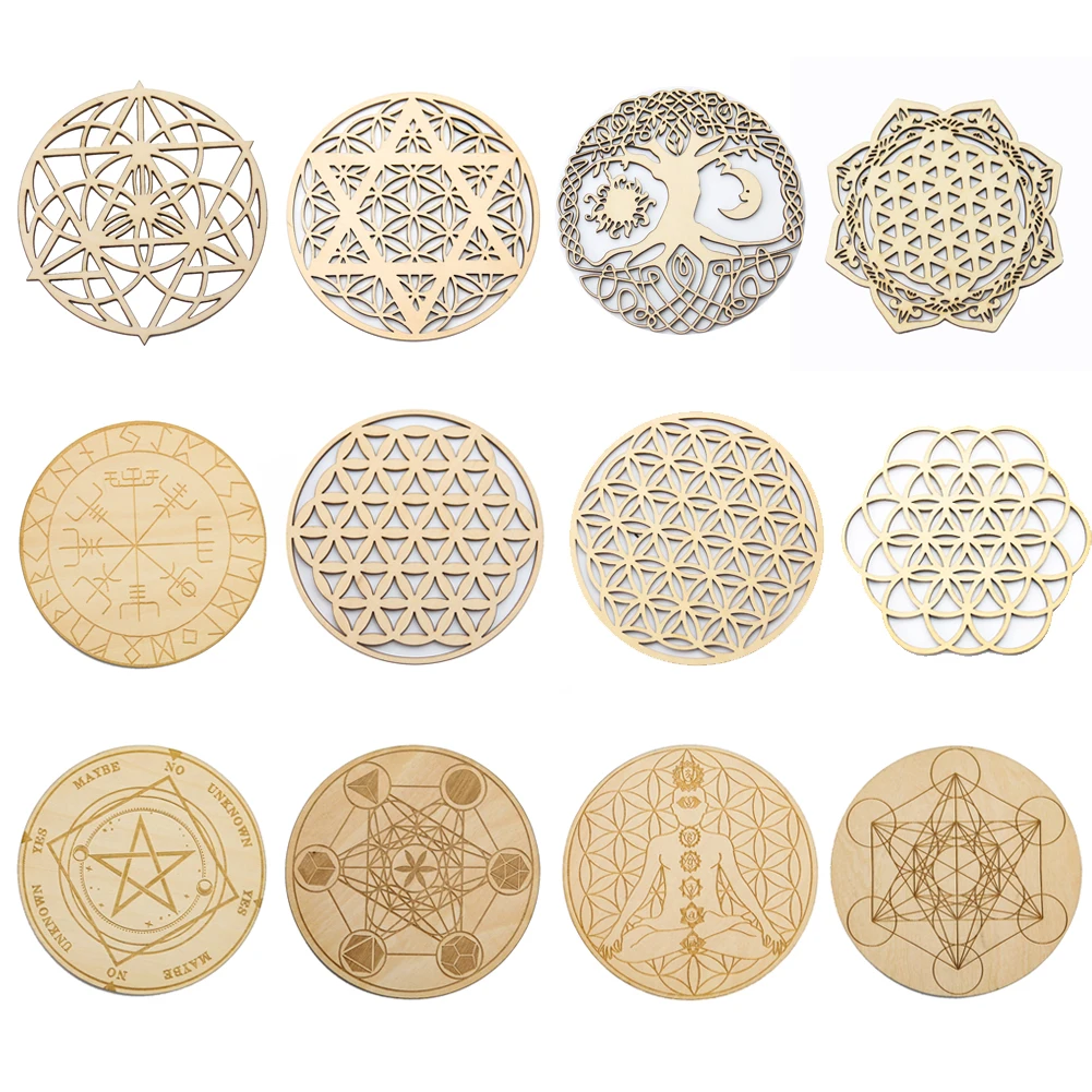 2PCS Chakra Wooden Board Tree of Life Sacred Pendulum Plate Wall Yoga Meditation Crystal Base Coaster Metaphysical Altar Pad