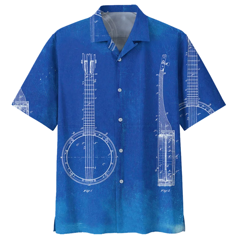 thumbnail image 1 of Camisa hawaiana con estampado 3D de guitarra de banjo para hombre, blusa con botones de instrumento musical, solapa suelta, manga corta, hawaiana, 1 of 4