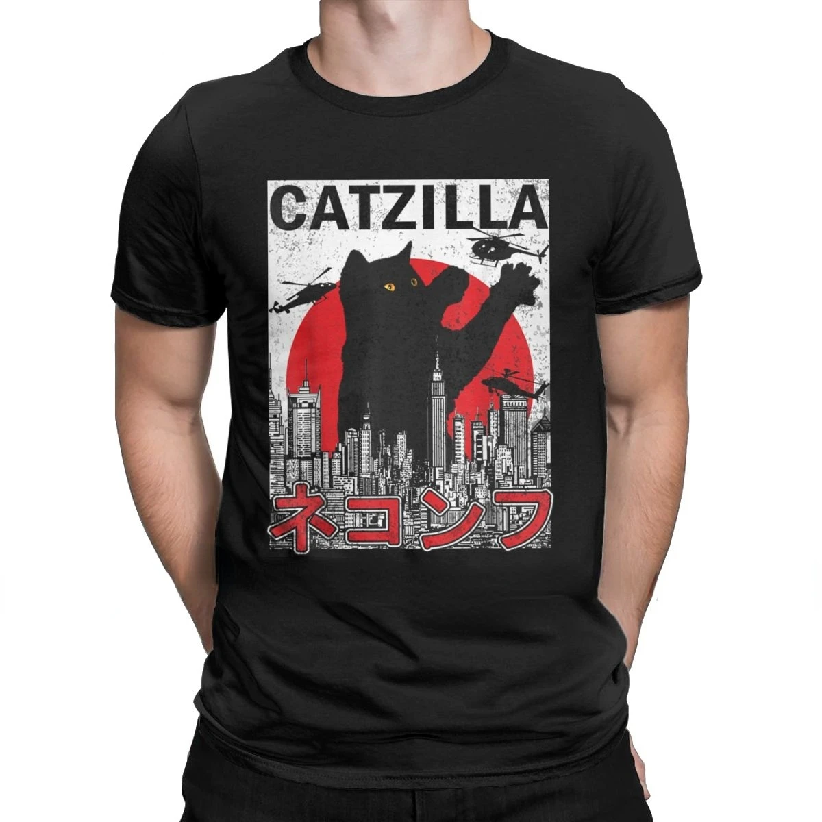 Funny Catzilla Japan Cat Kitten Lover Men T Shirt Uomo Casual Tees Summer Hombre Oversize Tee Harajuku Shirt Abbigliamento Uomo