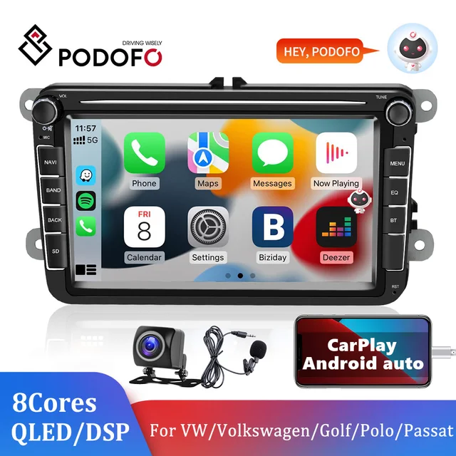 Podofo 2 Din autoradio Android 10.0 per VW/Volkswagen/Golf/Polo/Passat/b7/b6/SEAT/leon/Skoda 8 "pollici 8 + 128G GPS Wifi 4G Carplay 1