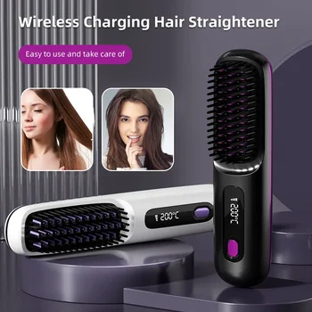 Elettrico LCD USB Riscaldamento in ceramica Pettine per capelli lisci Strumento per lo styling portatile senza fili agli ioni negativi Spazzola per lisciare ricaricabile 1