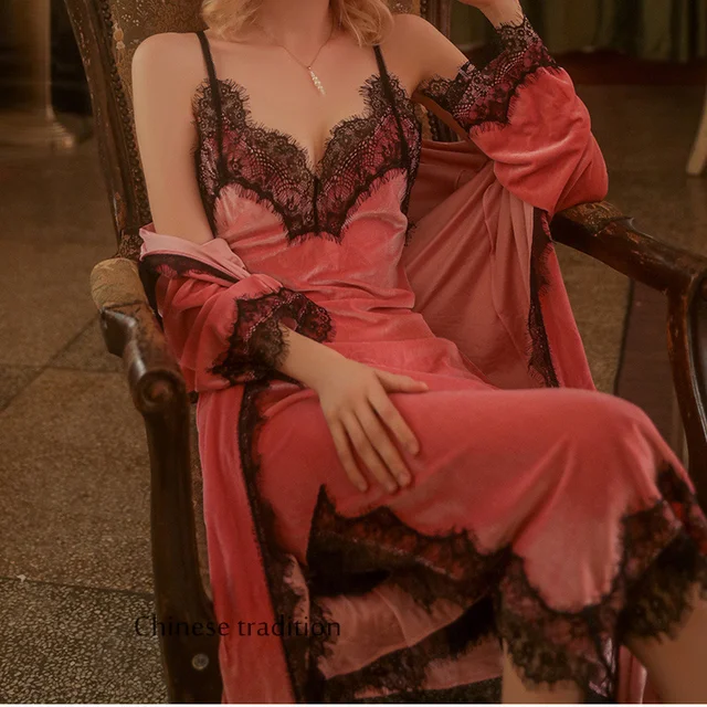 Ensemble de vêtements de détente en velours pour femmes, robe de peignoir en dentelle, robe longue, chemise de nuit sexy, vêtements de nuit éducatifs, automne et hiver