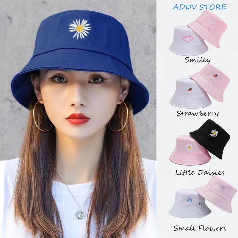 Women's Double-sided Embroidered Smiley Fisherman Hat Wholesale Double Sided with Basin Cap Seasonal Sun Hat Bucket Hat_voghion.com