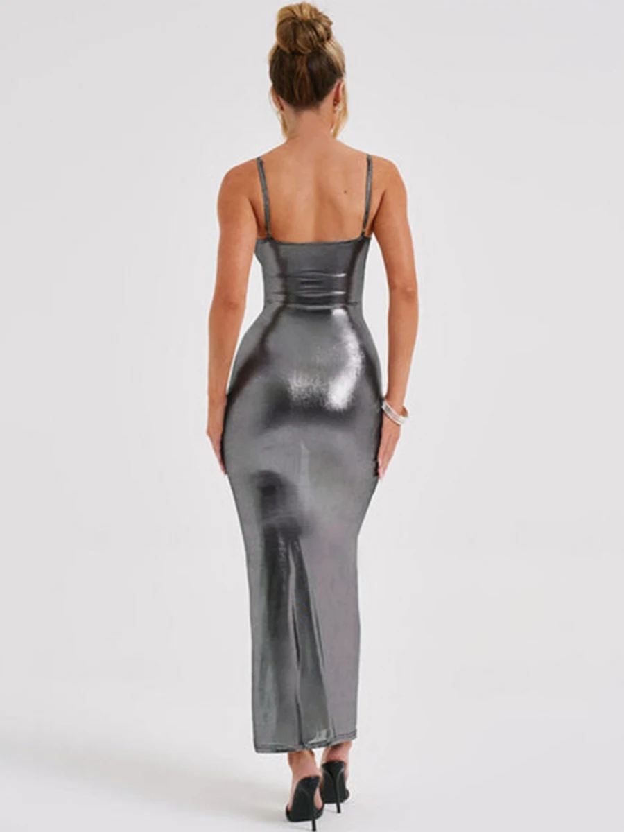 Women's Spaghetti Strap Sleeveless Shiny Bodycon Dress Evening Party Gown