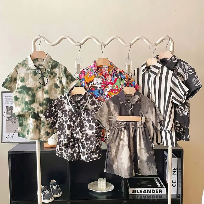 

Summer Boy Beach Style Short Sleeved Short Set Children's Vacation Style Leopard Flower Printed Shirt Fashion Girl Two Piece Set