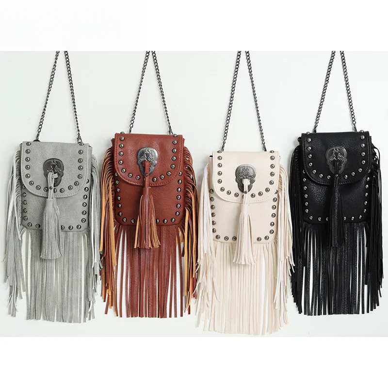 New women's crossbody bag trend fashion soft leather rivet tassel bag chain strap single shoulder small bag women's bag_voghion.com