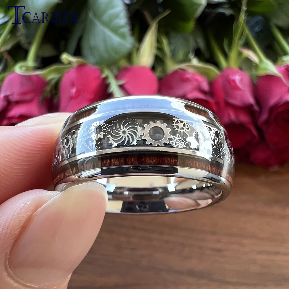 10MM Large Width Men Tungsten Wedding Ring Mechanical Gear Wheel Wood Inlay Domed Polished Cool Gift For Boyfriend Husband