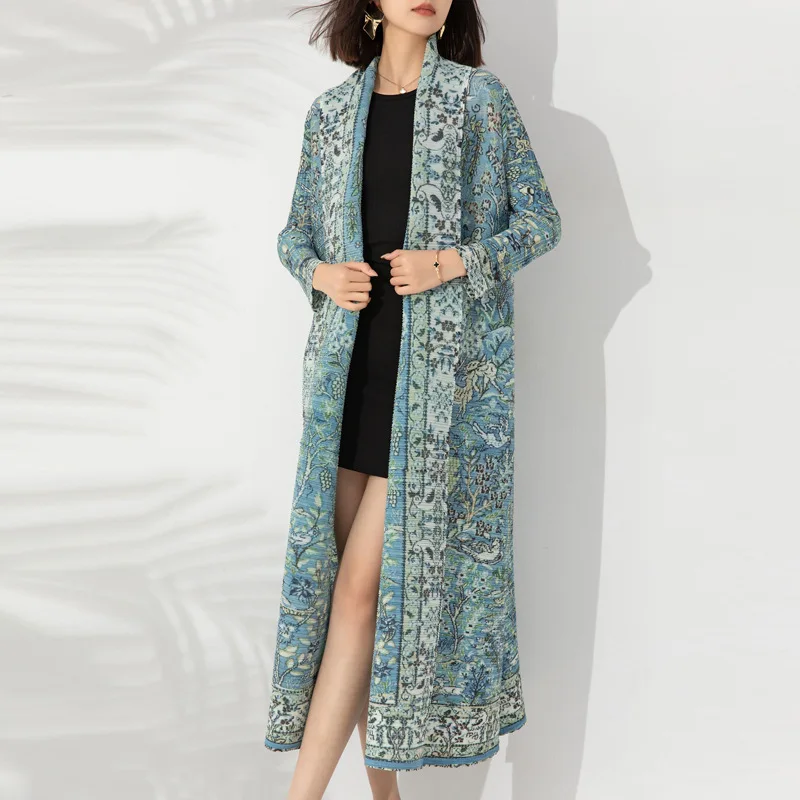 Women's trench coat Miyake Pleated Fashion Loose printed coat with long sleeves and lapels elegant loose fit dress soft breathable v neck mini dress with pleated bat sleeves for women loose solid color commute dress