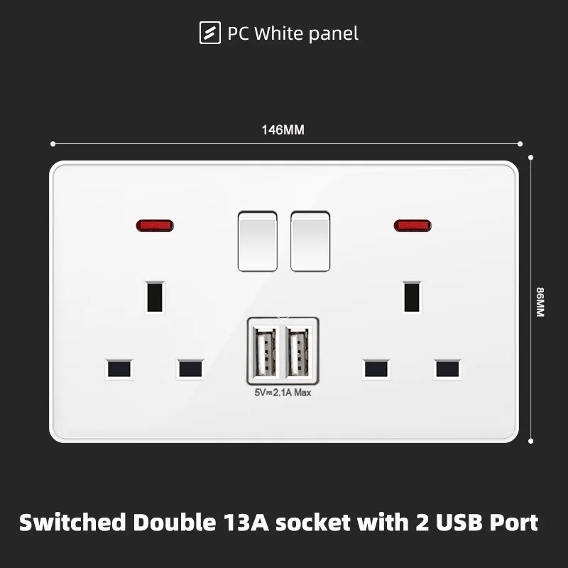 2gang13A 2USB,110-250V