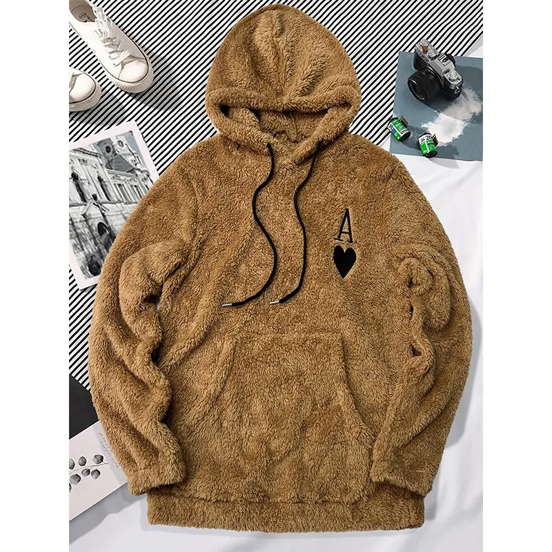 Plush Hooded Embroidered Men's Sweater Pure Color Thickened Pullover Winter Fashion Trendy Casual Menswear