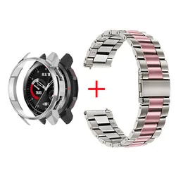 Stainless Steel Watchband with Protective PC Case and Strap for Honor Watch GS Pro (Silver Pink - Silver)