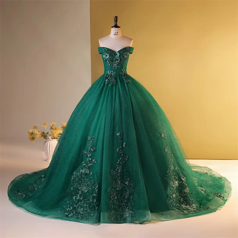 white christmas dresses Strapless Puff Sleeve Quinceanera Dress by Rachel Allan RQ2184 16 / Emerald Green main image 0