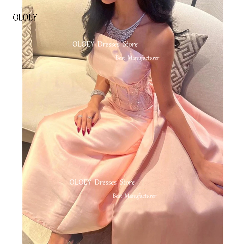 

OLOEY Fairy Pink Satin Prom Dresses Saudi Arabic Strapless Corset Shiny Sequin Dubai Abendkleider Evening Gowns Formal Party