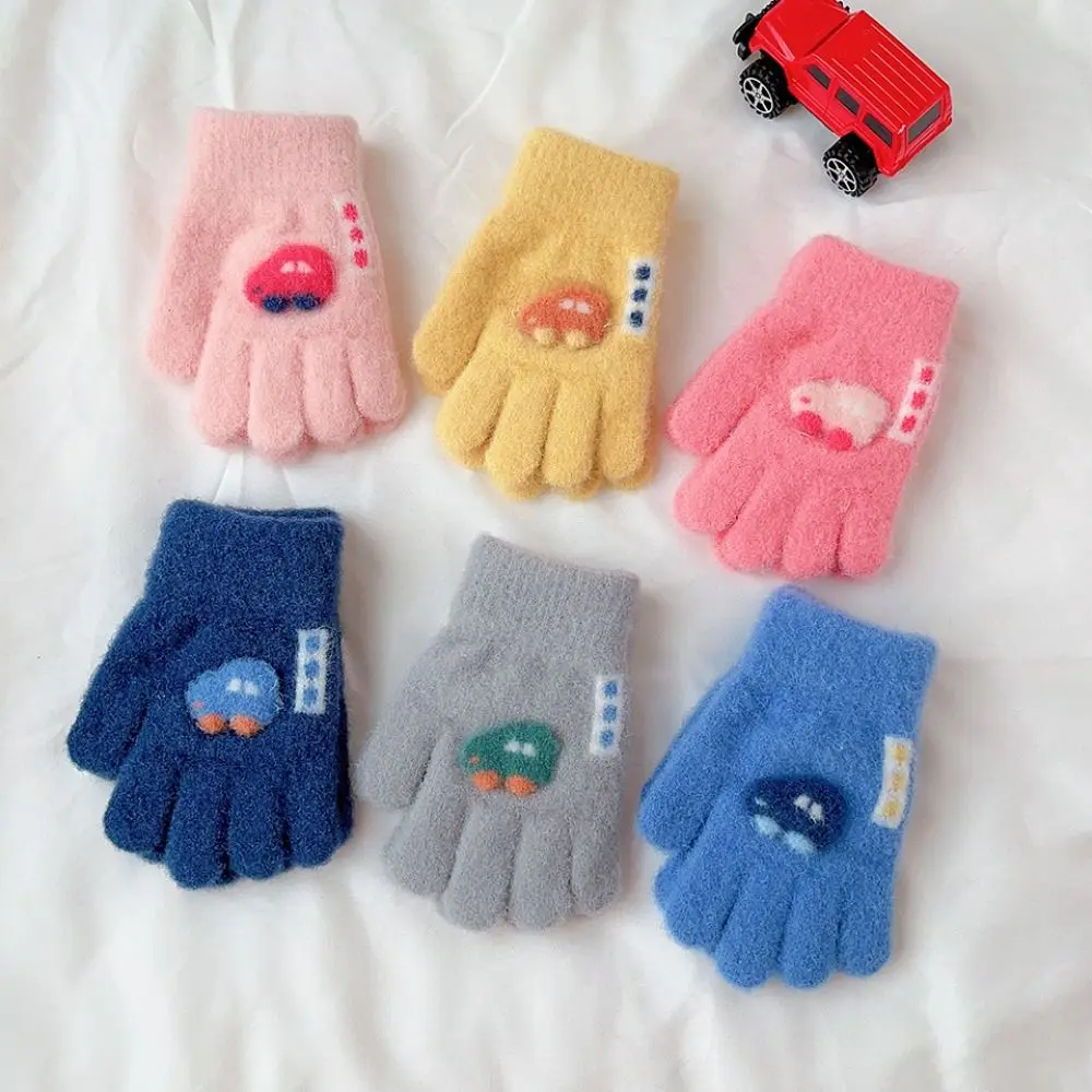 Winter Knitted Gloves Cartoon Warm Mittens Toddlers Outdoor Cartoon Pattern Cute Car Gloves For Kids Baby Girls