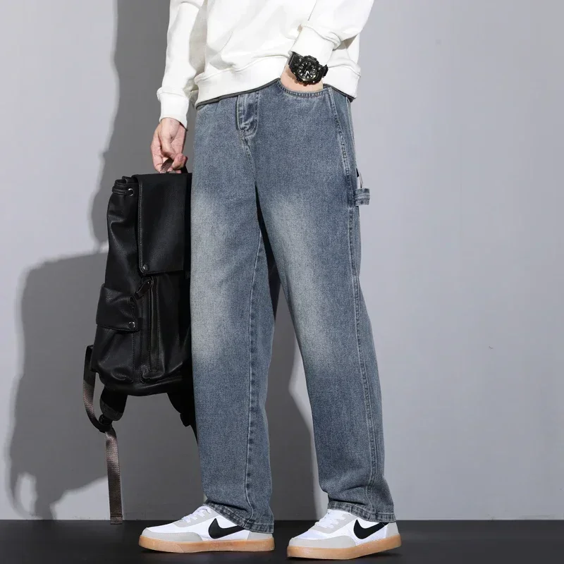 2024 New Autumn Men's Jeans Street Hip-hop Loose Straight Multi-pocket Workwear Denim Trousers Baggy Casual Splicing Trousers 2