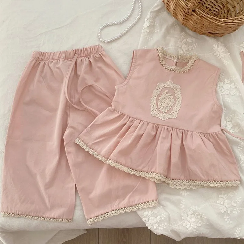 

Summer Girls Clothing Sets Kids Baby Girls Princess Pink Vest and Pants Clothes Suit Children Girl Sweet Lace Outfits Sets 2 6 8