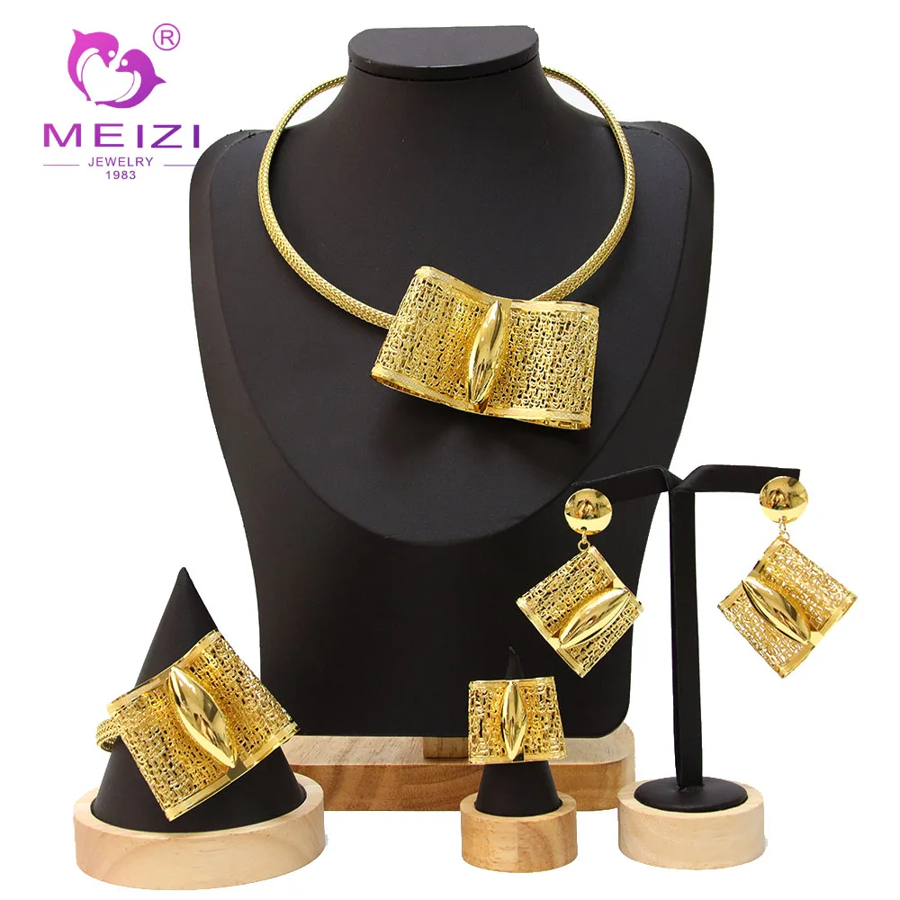 

Indian Gold Plated Jewelry Set For Women African Bridal 18K Gold Necklace Bracelet Earrings Ring Set Dubai Nigerian Wedding