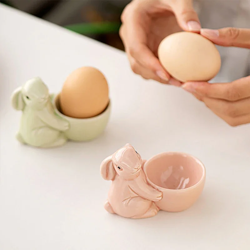 Hot Sale Ceramic Rabbit Shape Egg Cups Breakfast Egg Holder Cute Fresh Simple Ornament for Desktop Living Room Home Office Decor
