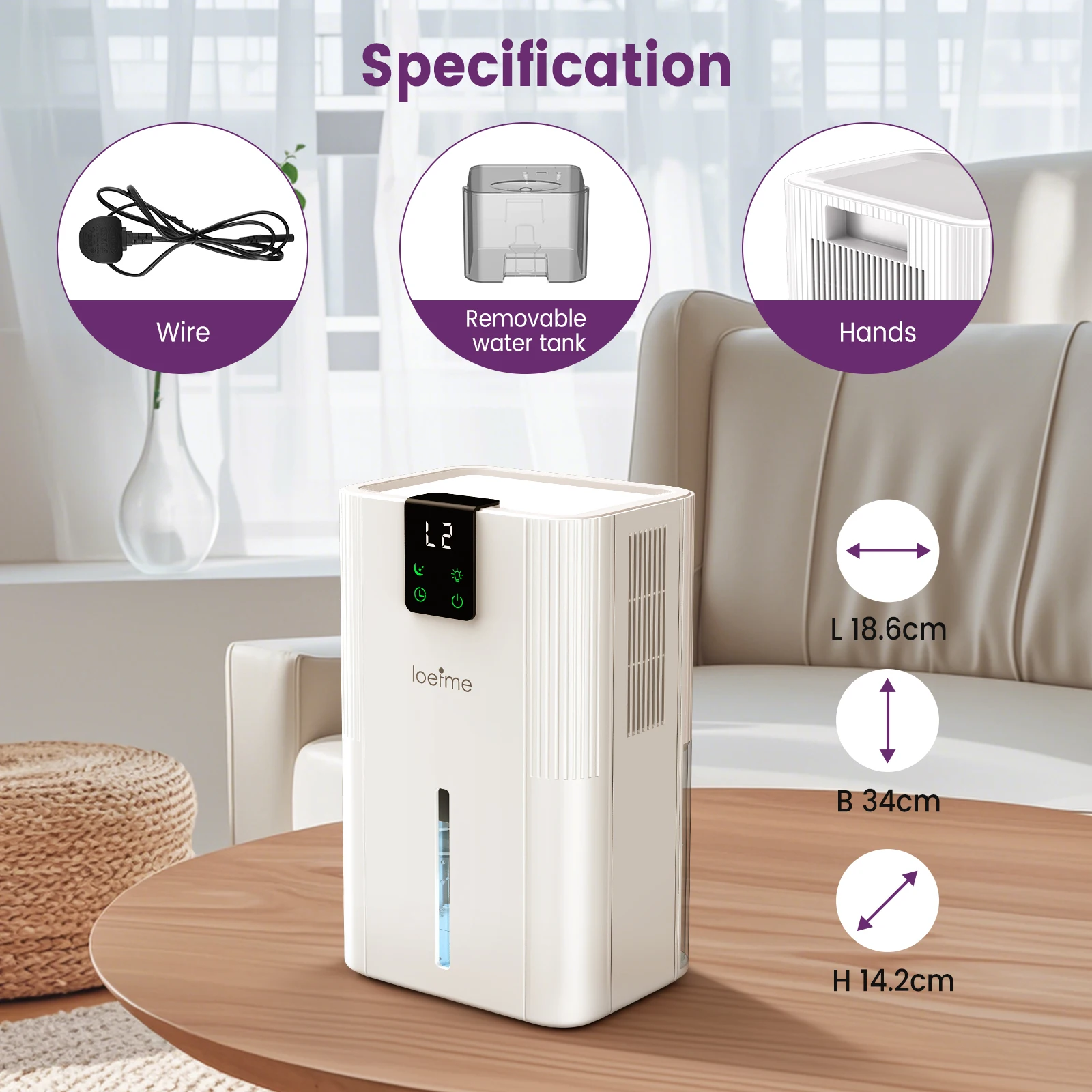 LOEFME 750ML/24H déshumidificateur d'air Portable 2800ML déshumidificateur économie d'énergie maison avec 7 lumière tactile affichage fonction de dégivrage 5