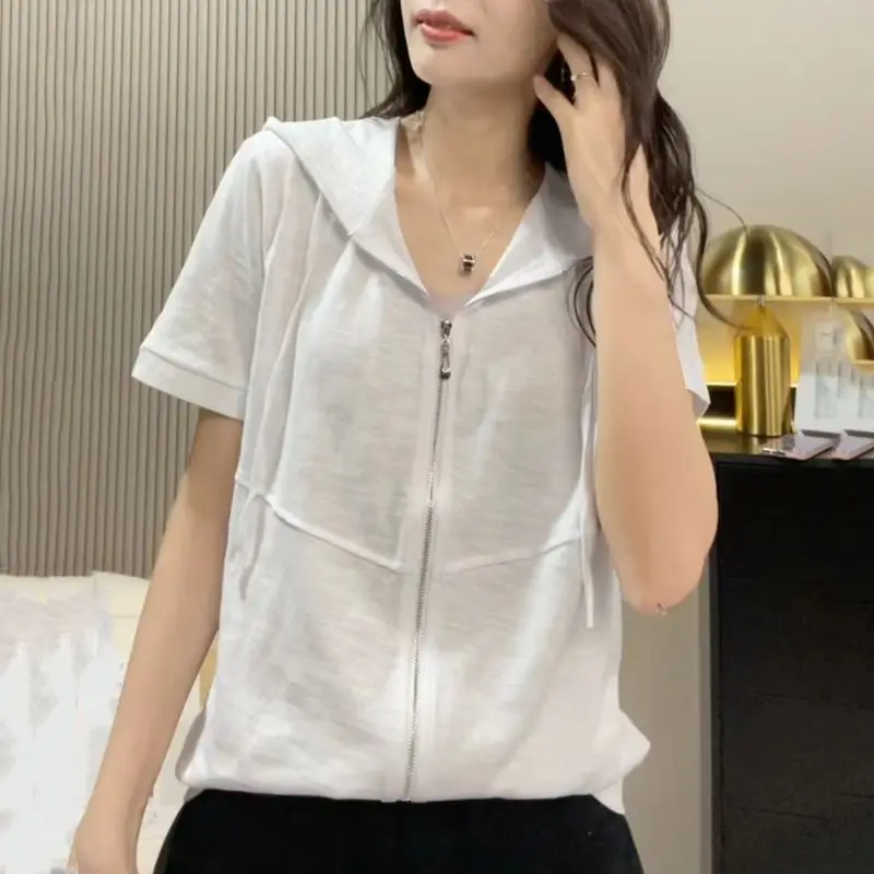 Women's Royal Blue Hooded Zip-Up Top Short Sleeve Casual Lightweight Cardigan