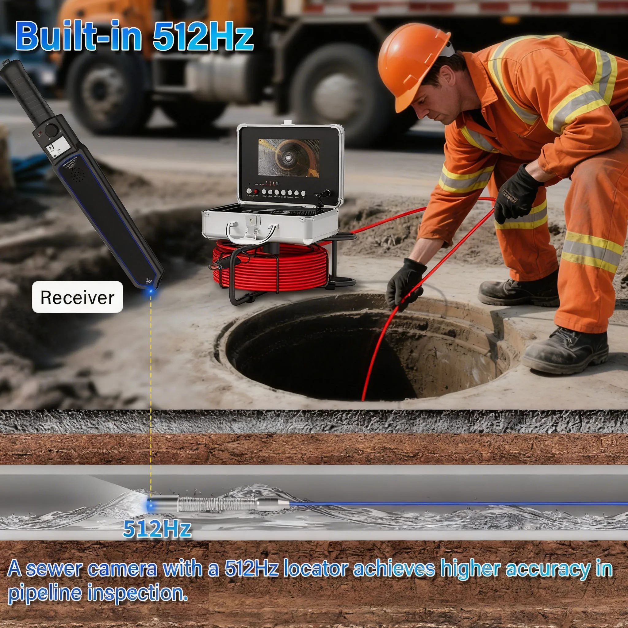 Sewer Inspection Camera, Self-Leveling Sewer Camera with 512HZ Locator, 17/23MM Endoscop Camera with 12 LEDs ,10/20/30/50M Cable 3