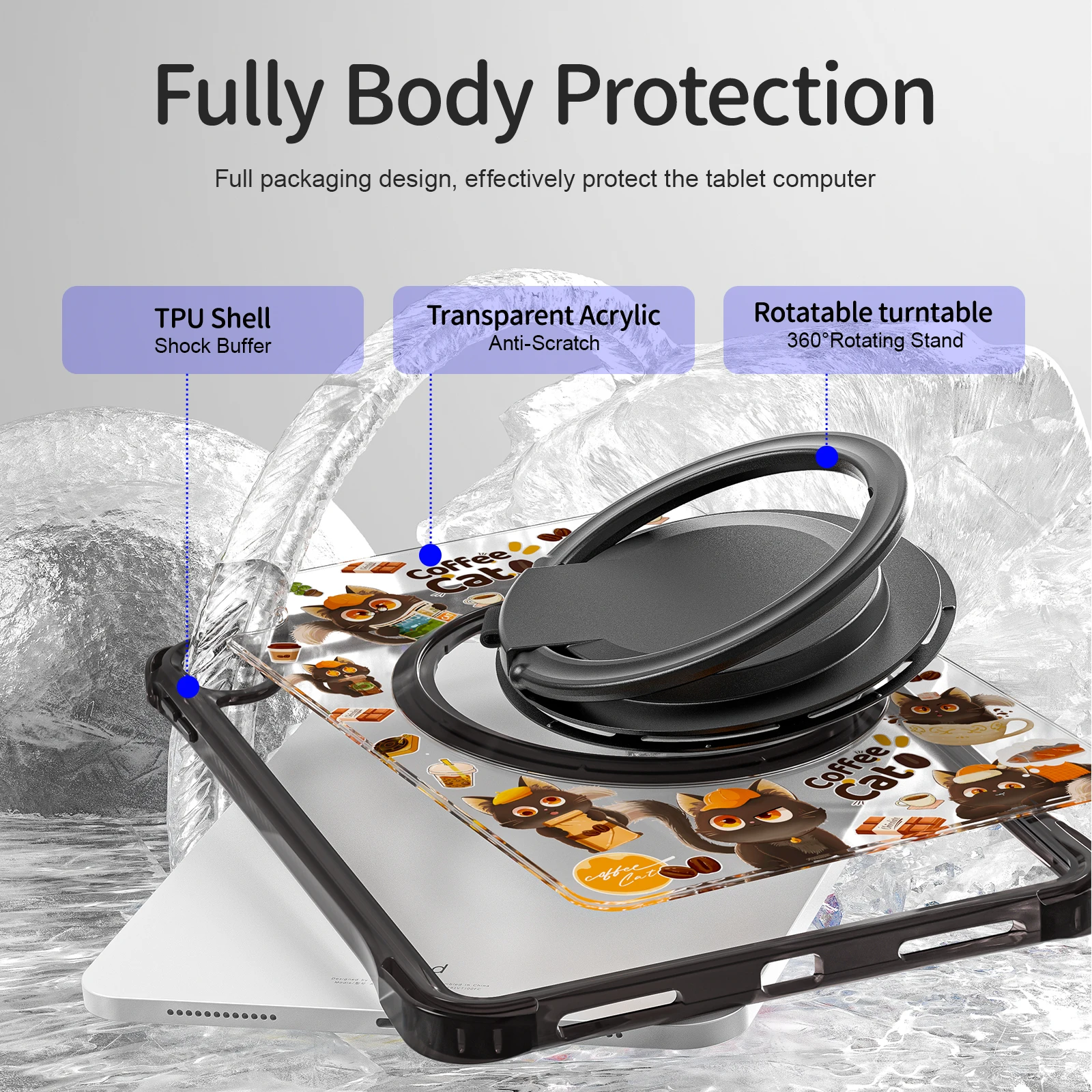 Cartoon Design Transparent Shockproof Tablet Case with Hand Stand