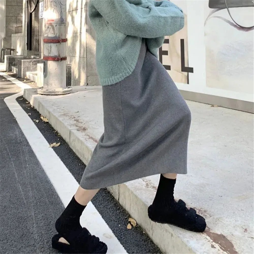 

Женская трикотажная облегающая юбка, модная нежная однотонная Повседневная простая юбка-свитер трапециевидной формы в Корейском стиле на осень и зиму