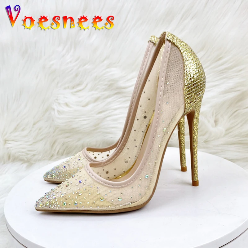 

Wedding Bridal High Heels Women's 2023 New Luxury Rhinestone Single Shoes Gold Sequined Modern Party Pumps Summer Mesh Fabric