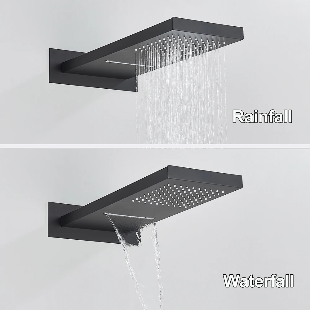 Bathroom Shower Faucet Set Black Thermostatic Faucet Rainfall Waterfall Embedded Shower System