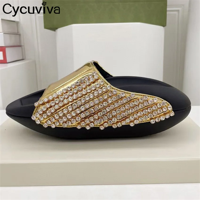 

Real Leather Thick Sole Platform Slippers Woman Holiday Fashion Week Crystal Slippers Shoes Summer Open toe Flat Shoes mujer