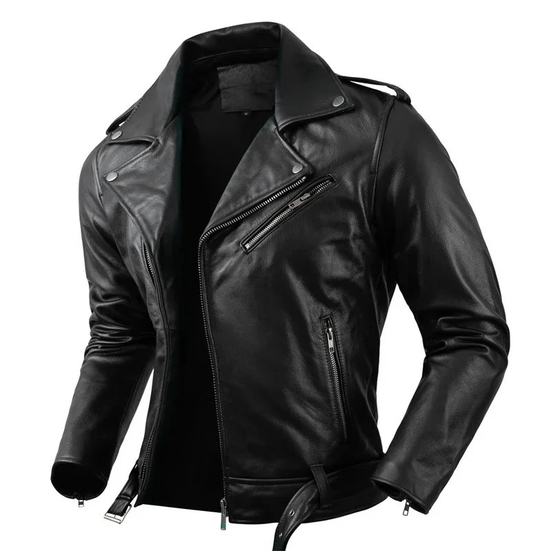 Description Picture 4 of itemGenuine Cowhide Leather Motorcycle Coat Cow Skin Jacket Men Lapel Jackets s Clothing Real