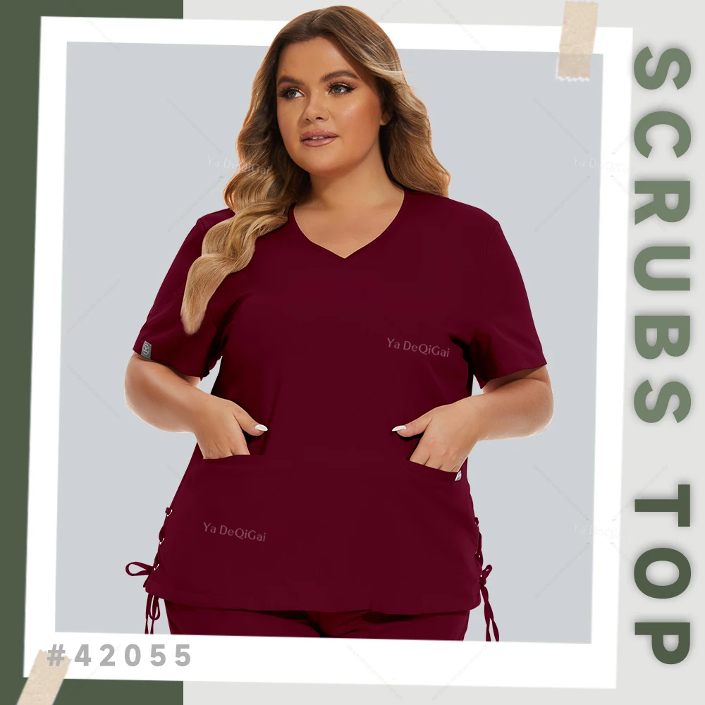 

Hospital Elastic Work Medical Tops Nurse Uniform Blouse V-neck Short Sleeve Shirt Clinic Nursing Scrubs Pullovers