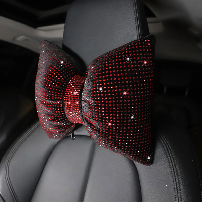 1PC Diamond Crystal Bowknot Car Neck Pillow Rhinestone Auto Headrest Seat Support Waist Pillows Bling Car Accessories for Women