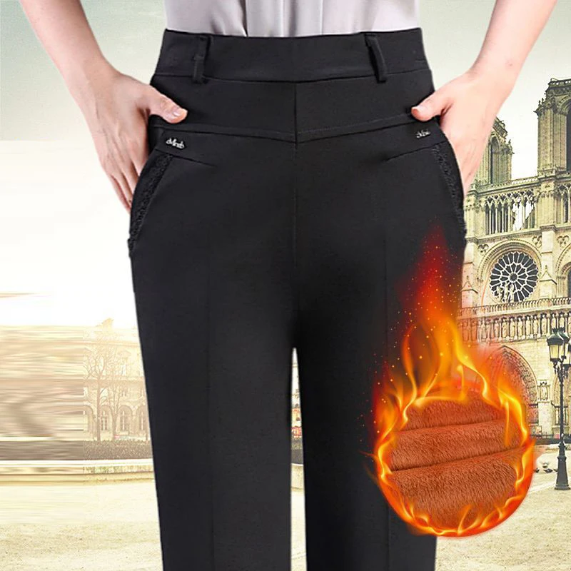 Middle-aged Elderly Women's Clothing Winter Fashion Lace Rhinestone Plush Warm Pants Ladies Elegant Straight Trousers Pantalones
