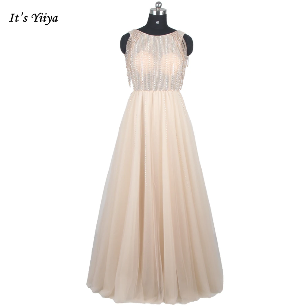 

It's Yiiya Evening Dresses Khaki Tulle O-neck Sleeveless Beading Lace up A-line Floor Length Plus size Women Party Dress B1271