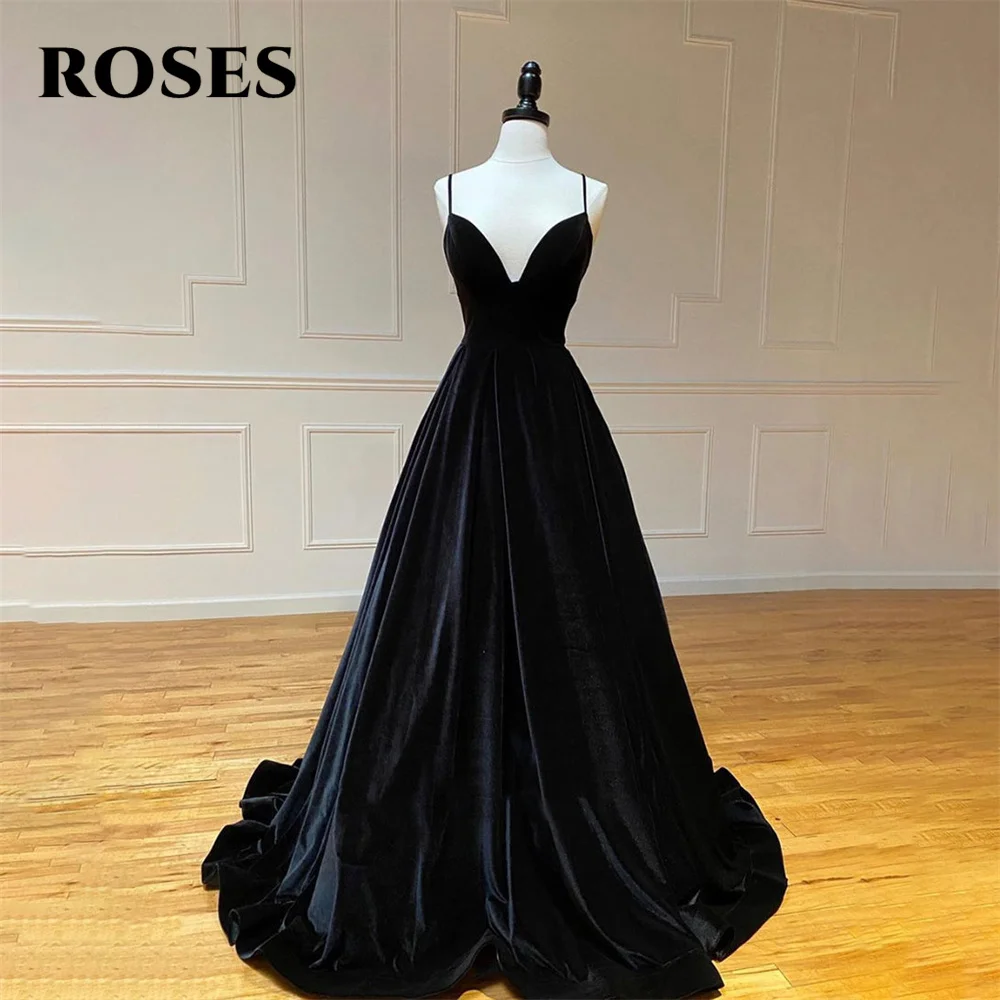 

ROSES Black A-Line Special Occasion Dresses Velvet Long Formal Gown Spaghetti Strap V Neck Evening Dresses vestidos de fiesta