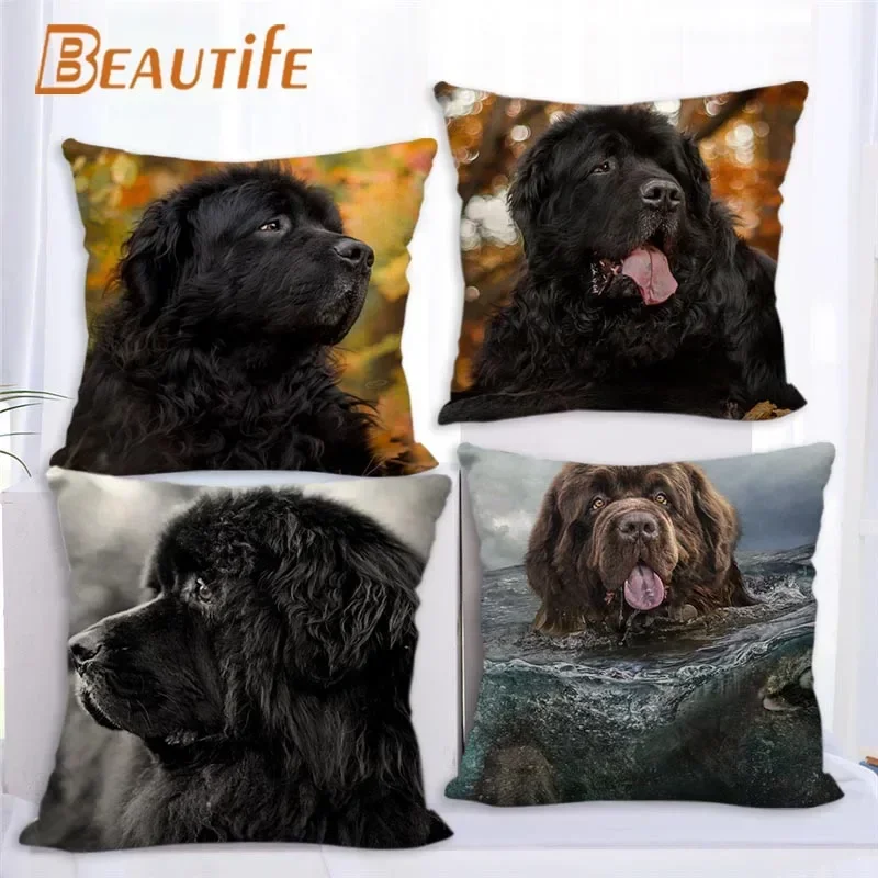 

Nice Newfoundland Dog Pillowcase Bedroom Home Decorative Cover 45x45cm Square Zipper Pillow Cases Cotton Linen Fabric No Fade