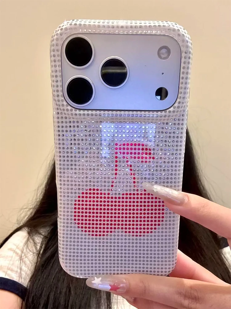 Stylish Rhinestone Cherry Glitter Phone Case - Glossy White & Hot Pink