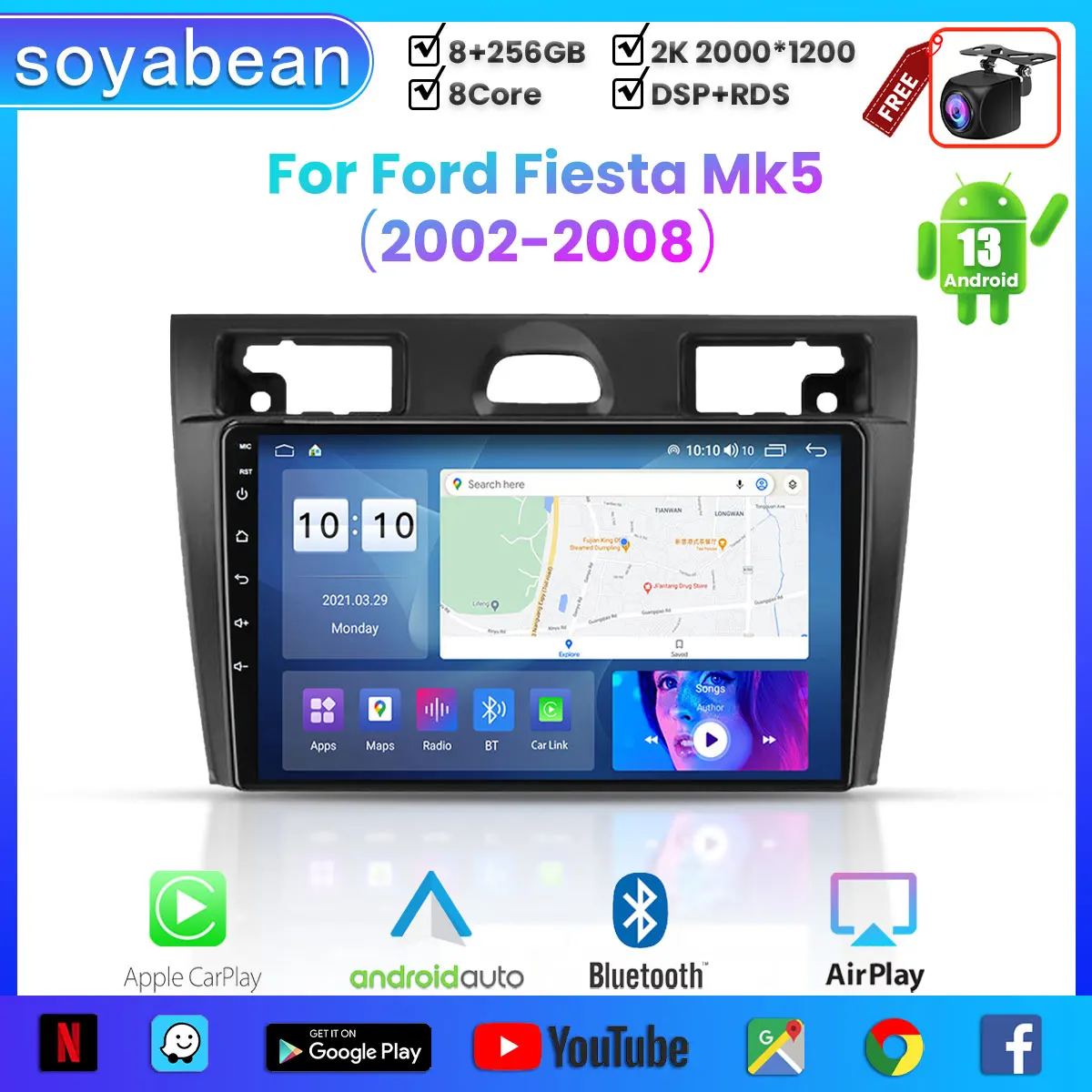 

Автомобильный радиоприемник Android 13 для Ford Fiesta Mk5 2002-2008, 9 дюймов 2K мультимедийный плеер с 4G Car Carplay и 2Din GPS