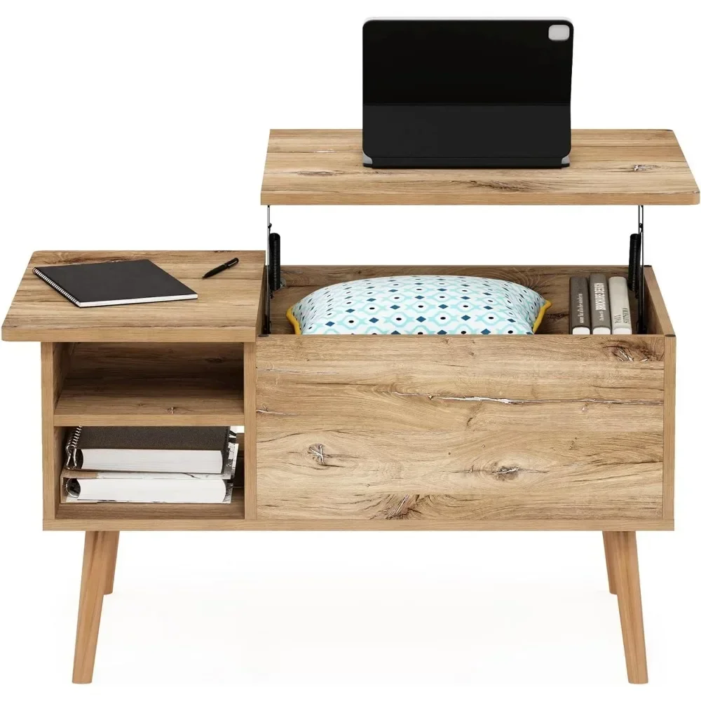 Wooden leg-raised top coffee table with hidden compartment and side-open living room storage shelves 4