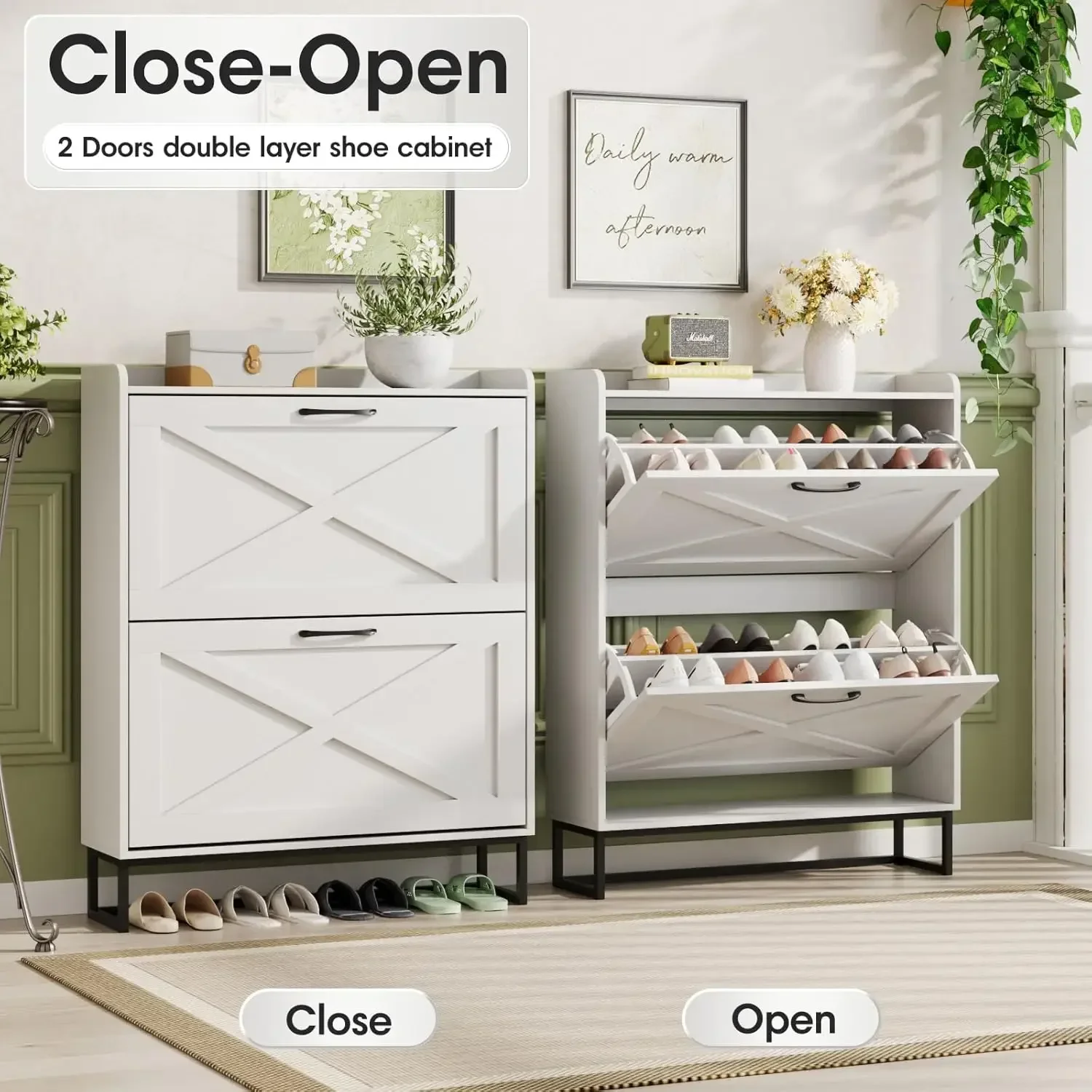 New2025-Shoe Cabinet with 2 Flip Drawers, Freestanding Shoe Cabinet Organizer with Metal Legs, Shoes Storage Cabinet for Entrywa