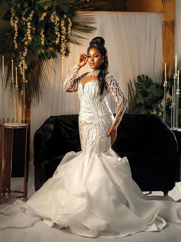 

Plus Size Black Girl Long Sleeve Wedding Dress Sheer Neck Jewel Bridal Gowns Custom Made Beaded Ruffles Mermaid Vestido de novia
