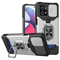Durable Armor Kickstand Case with Card Slot & Ring Stand Holder for Moto GStylus 5G 2024 (Silver)